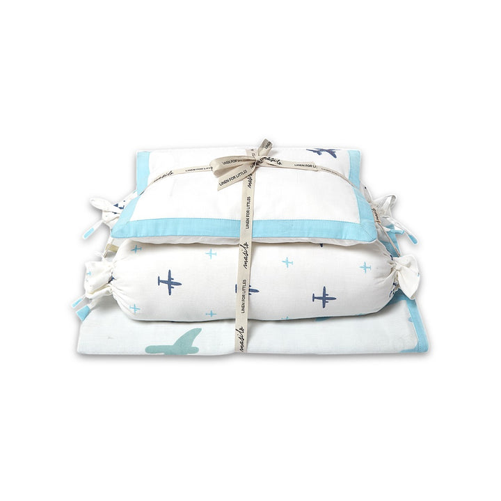 Aeroplane Print Blue Mini Cot Dohar Bedding Set For Babies | Cotton | Set Of 4