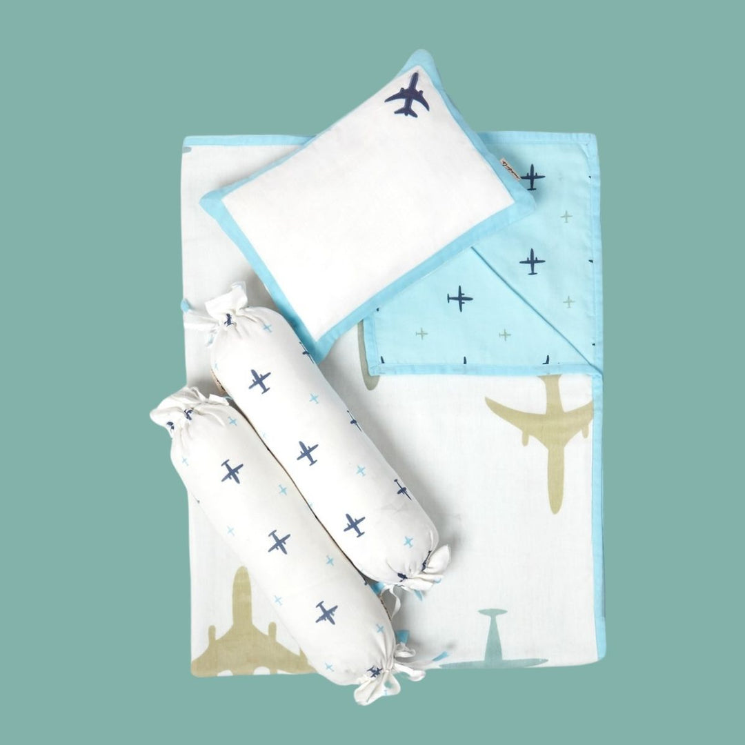 Aeroplane Print Blue Mini Cot Dohar Bedding Set For Babies | Cotton | Set Of 4