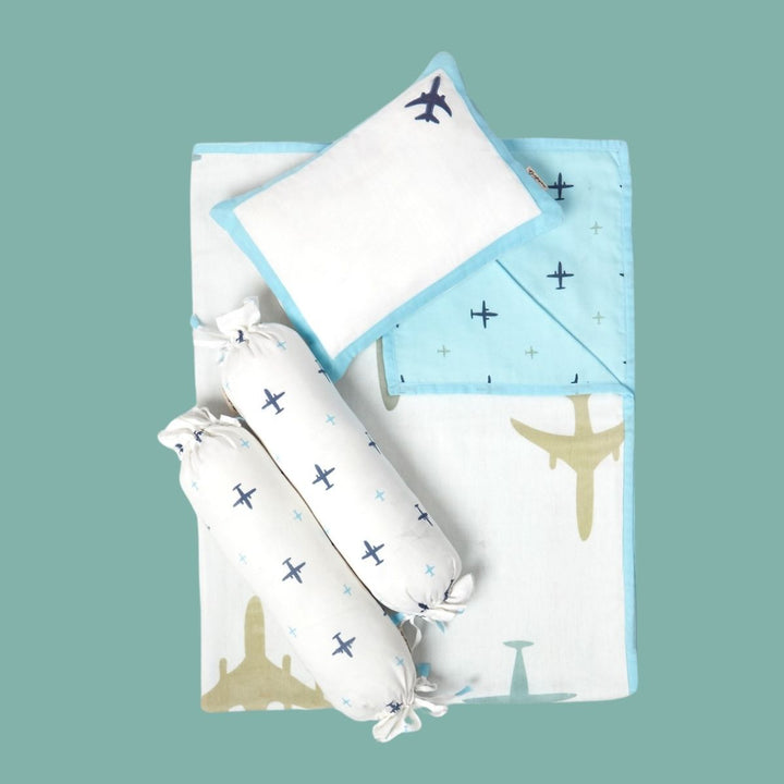 Aeroplane Print Blue Mini Cot Dohar Bedding Set For Babies | Cotton | Set Of 4