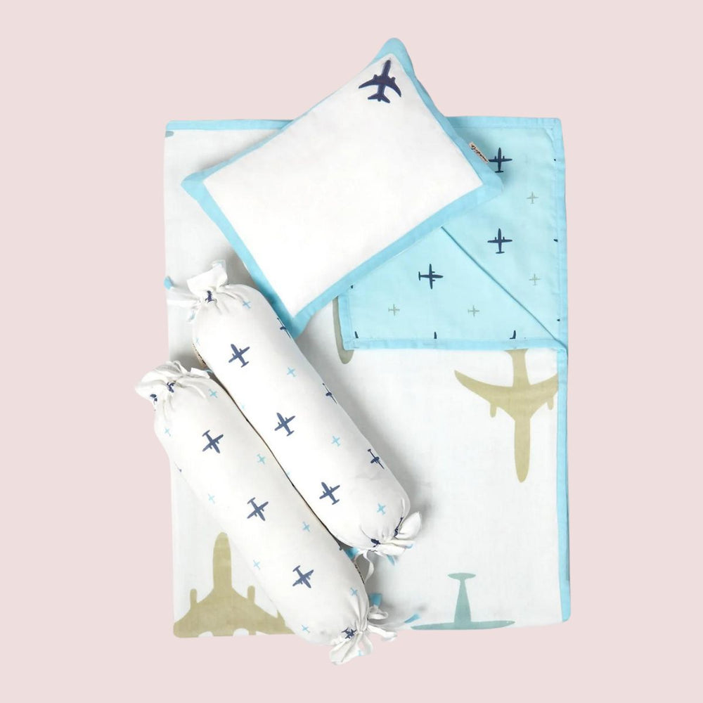 Aeroplane Print Blue Mini Cot Quilt Bedding Set For Babies | Cotton | Set Of 4