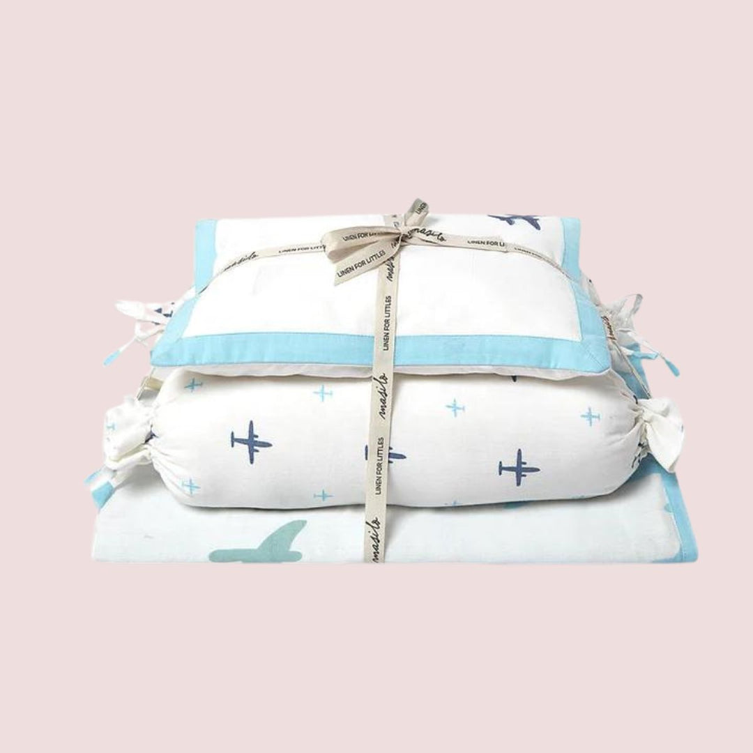 Aeroplane Print Blue Mini Cot Quilt Bedding Set For Babies | Cotton | Set Of 4
