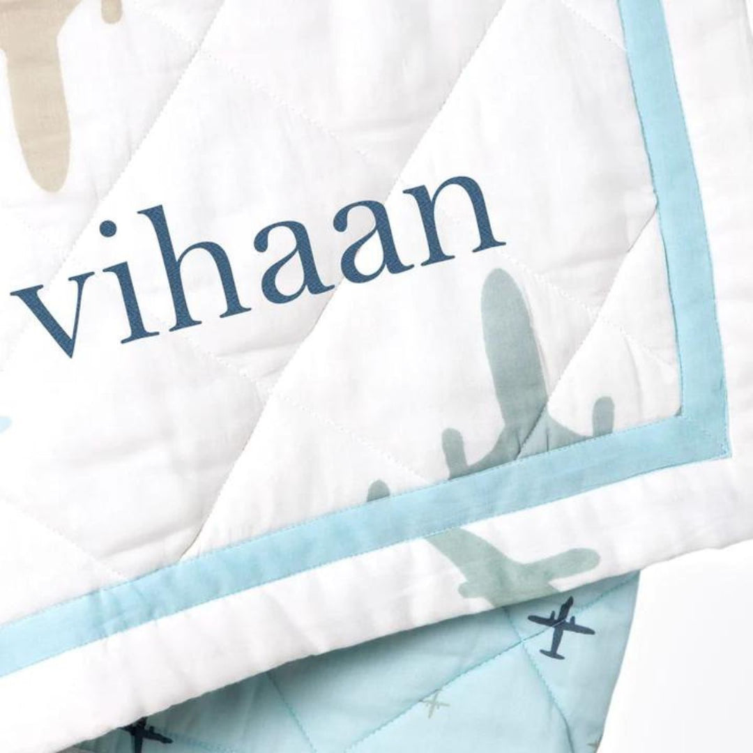 Aeroplane Print Blue Mini Cot Quilt Bedding Set For Babies | Cotton | Set Of 4