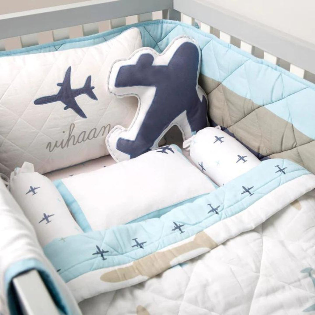 Aeroplane Print Blue Mini Cot Quilt Bedding Set For Babies | Cotton | Set Of 4