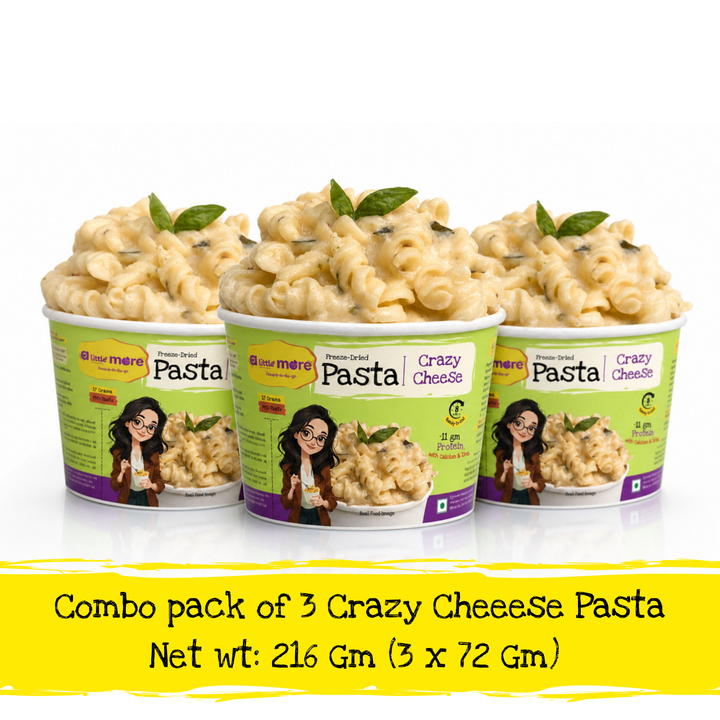 Three cups of Crazy Cheeese Pasta made with white cheesy sauce. Net wt: 216 Gm (3 x 72 Gm)'. Just add hot water. Convenient and Tasty. 