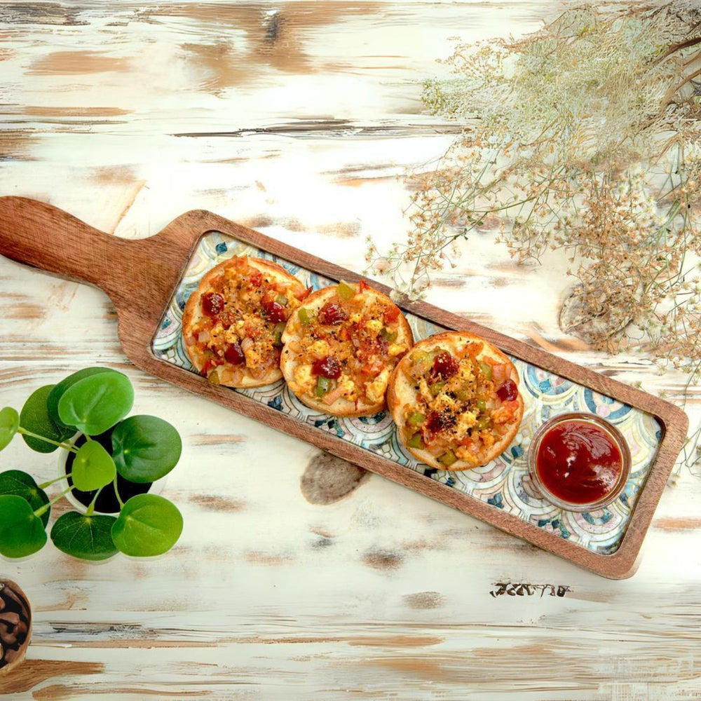 Appetiser Serving Platter | Hand Crafted | Mango Wood | Ivory + Multi Colour 