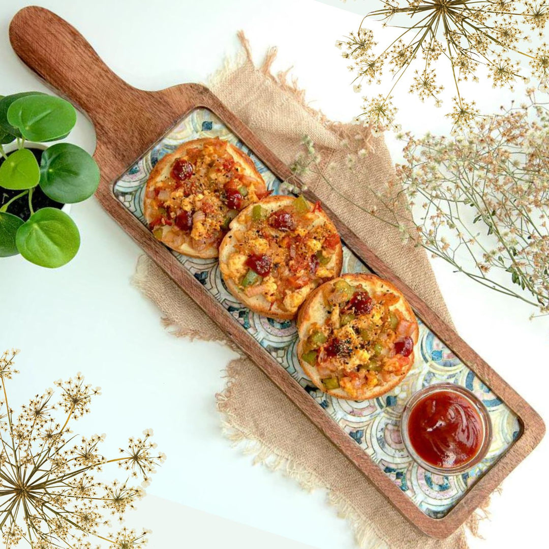 Appetiser Serving Platter | Hand Crafted | Mango Wood | Ivory + Multi Colour 