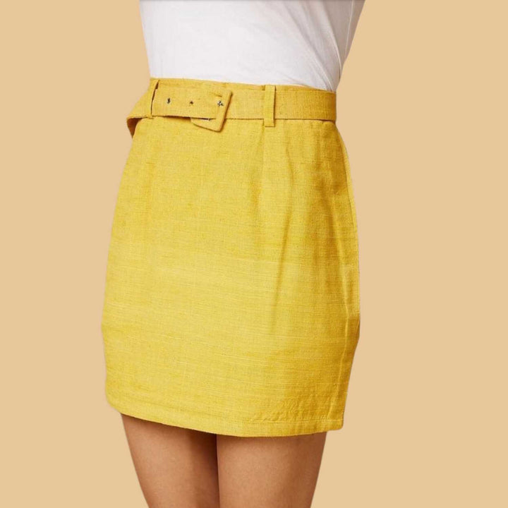 Mini Skirt | Straight Fit | Feminine & Elegant | Belt | Peace Silk | Yellow