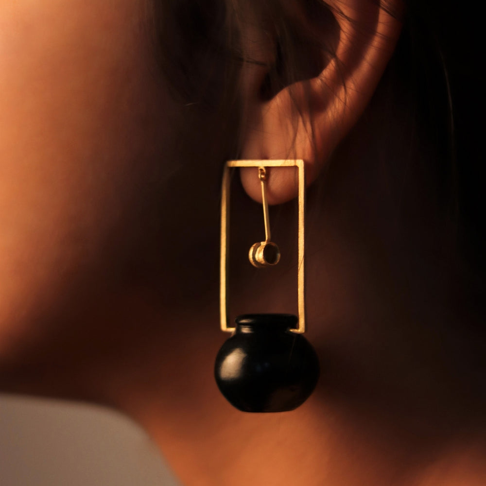Artistic Black Pottery Earring | 22 Kt Gold Plated | Statement Earrings | Hand Crafted 