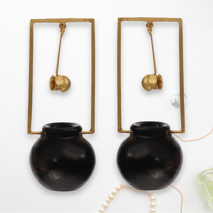 Artistic Black Pottery Earring | 22 Kt Gold Plated | Statement Earrings | Hand Crafted