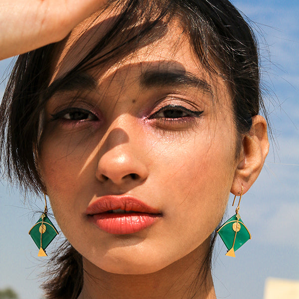 Green Kite Earring |  Hand Cut | Hand Made of Semi-Precious Stone And Gold Plated 925 Silver