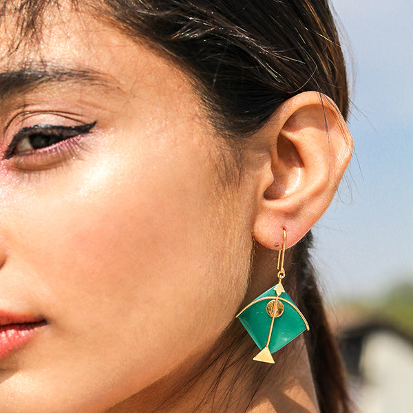 Green Kite Earring |  Hand Cut | Hand Made of Semi-Precious Stone And Gold Plated 925 Silver