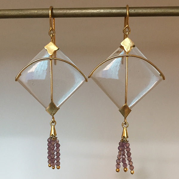 Kite Earring with Amethyst Onyx Tassel | Hand Cut | Made of 925 Silver And Natural Crystal