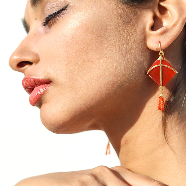 Kite Earring with Red Carnelian Tassel | Hand Cut | Made of 925 Silver And Moon Stone