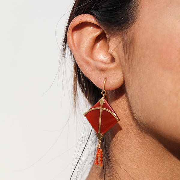 Kite Earring with Red Carnelian Tassel | Hand Cut | Made of 925 Silver And Moon Stone