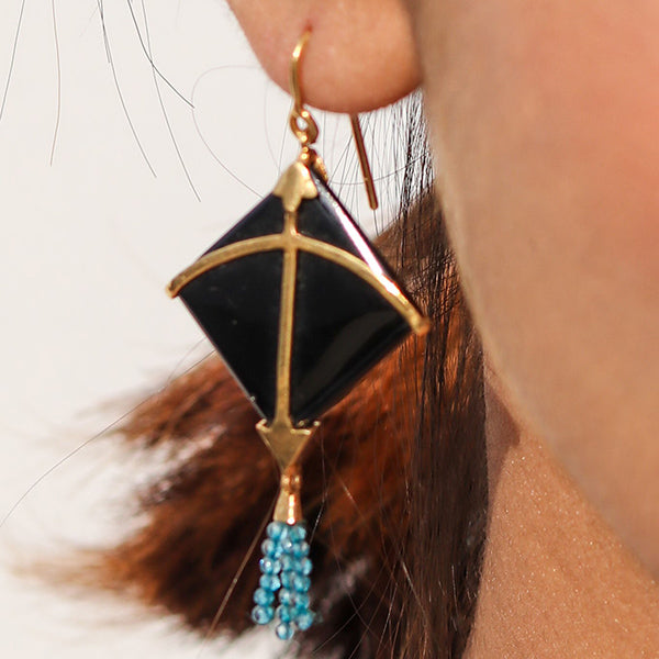 Kite Earring with Light Blue Chalcedony Tassel | Hand Cut | Made of 925 Silver & Moon Stone