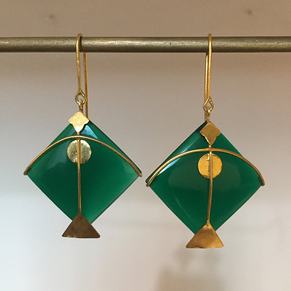 Green Kite Earring |  Hand Cut | Hand Made of Semi-Precious Stone And Gold Plated 925 Silver