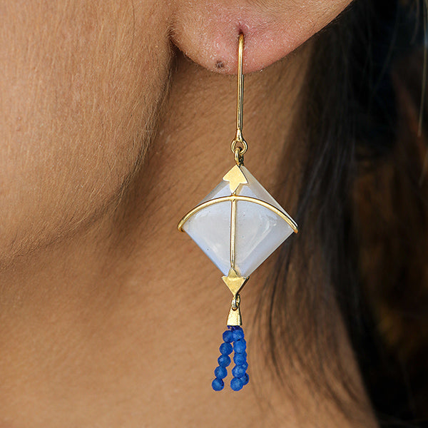 Kite Earring with Blue Chalcedony Tassel | Hand Cut | Made of 925 Silver And Moon Stone