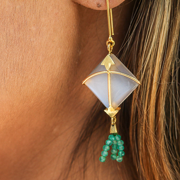 Kite Earring with Green Onyx Tassel | Hand Cut | Made of 925 Silver And Gem Moon Stone