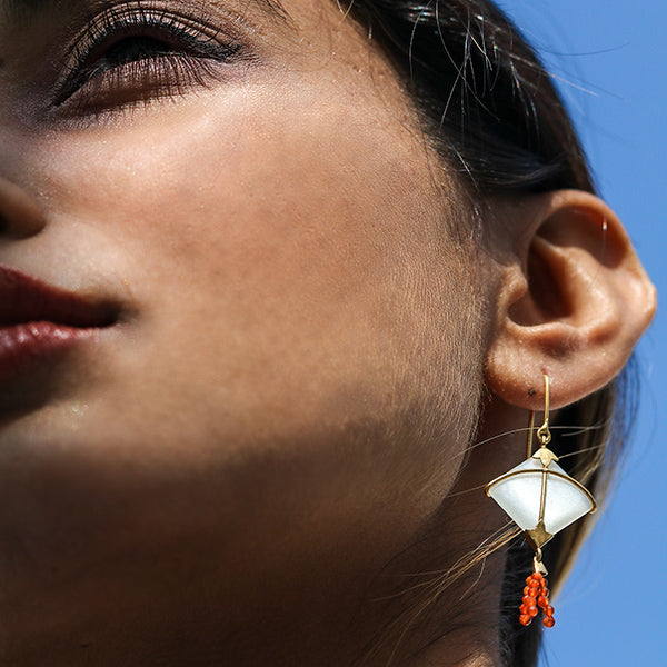 Kite Earring with Red Carnelian Tassel | Hand Cut | Moon Stone & Gold Plated Sterling Silver