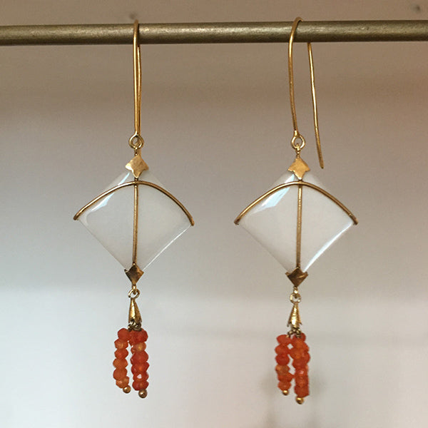 Kite Earring with Red Carnelian Tassel | Hand Cut | Moon Stone & Gold Plated Sterling Silver