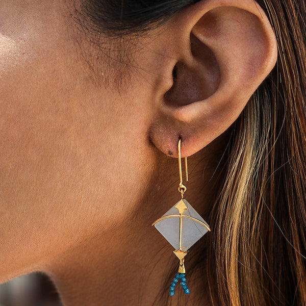 Kite Earring with Blue Topaz Tassel | Hand Cut | Made of 925 Silver And Gem Moon Stone