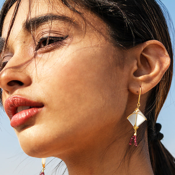 Small Kite Earring | White Moonstone With Pink Tourmaline | Hand Made with 925 Silver