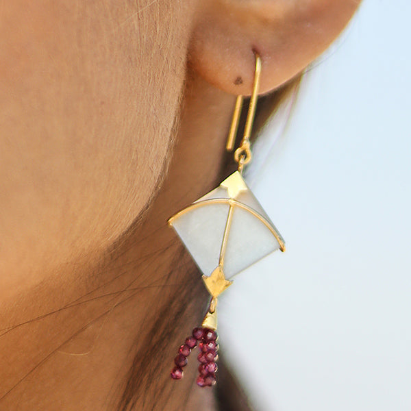 Small Kite Earring | White Moonstone With Pink Tourmaline | Hand Made with 925 Silver