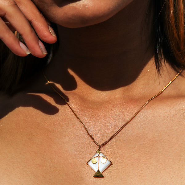 White Pendant | Kite with Two Dots | 925 Silver | Gold Plated | Gem Moonstone | Hand-Crafted