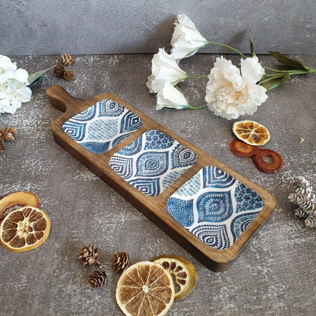 Palm Mandala Collection Platter | 3 Part Bat Shape Serving Platter | 16.5 X 5 Inches