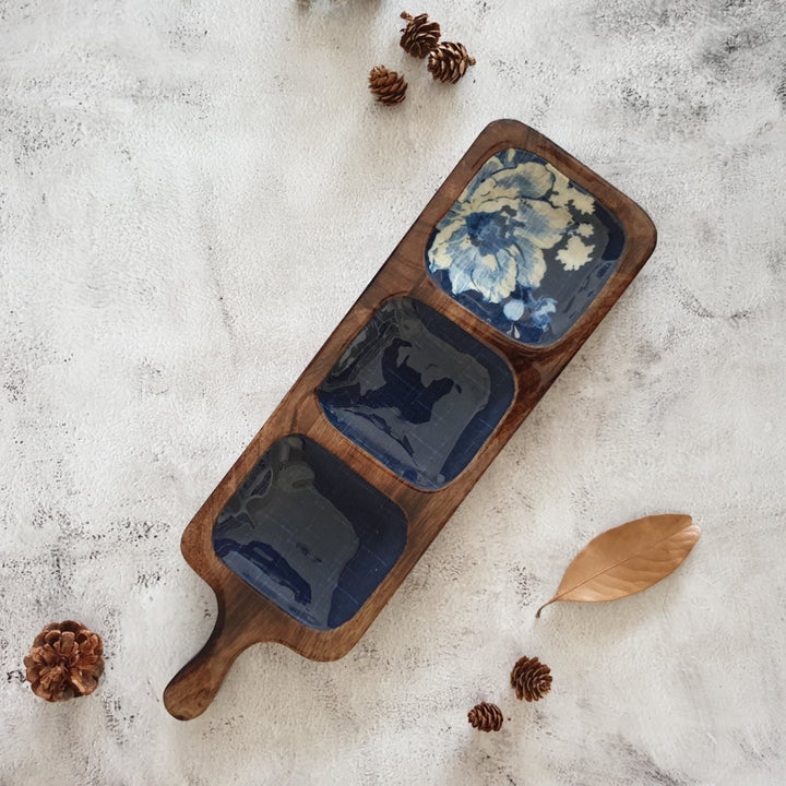 Denim Blue Platter | 3 Part Paddle Bat Shape Serving Platter | 16.5 X 5 Inches