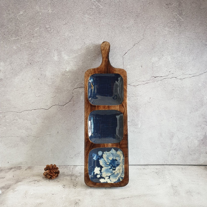 Denim Blue Platter | 3 Part Paddle Bat Shape Serving Platter | 16.5 X 5 Inches