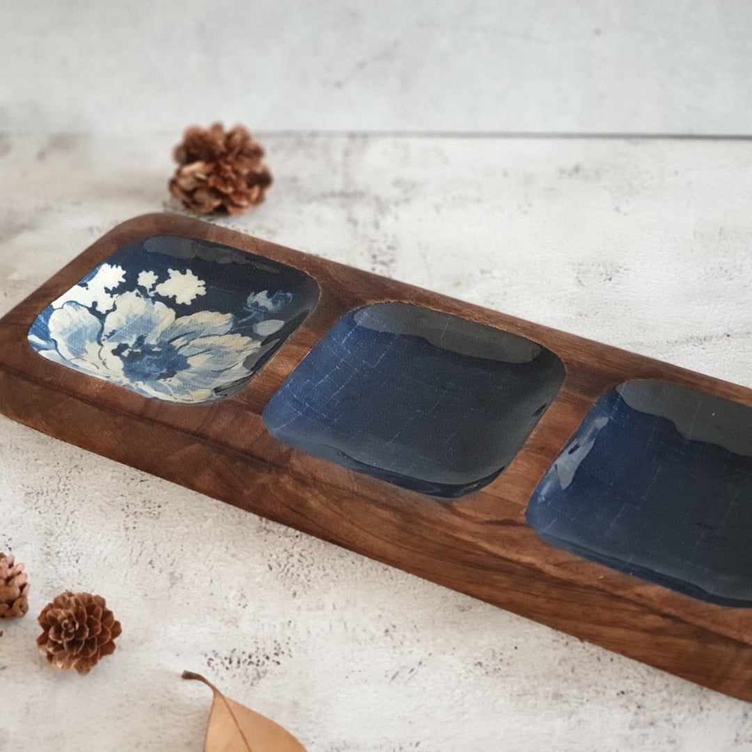 Denim Blue Platter | 3 Part Paddle Bat Shape Serving Platter | 16.5 X 5 Inches