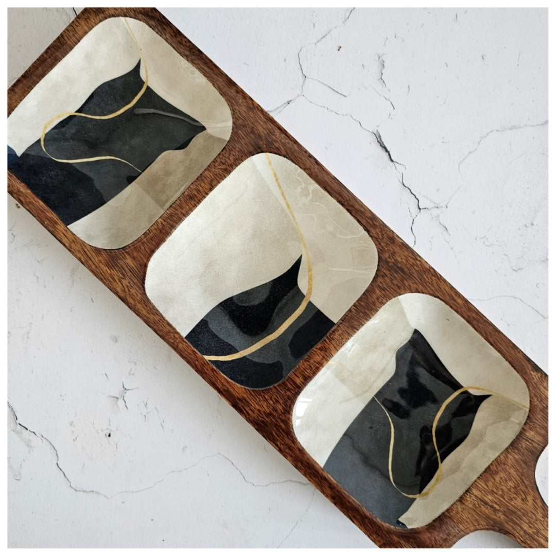 Wabi Sabi Platter | 3 Part Paddle Bat Shape Serving Platter | 16.5 X 5 Inches