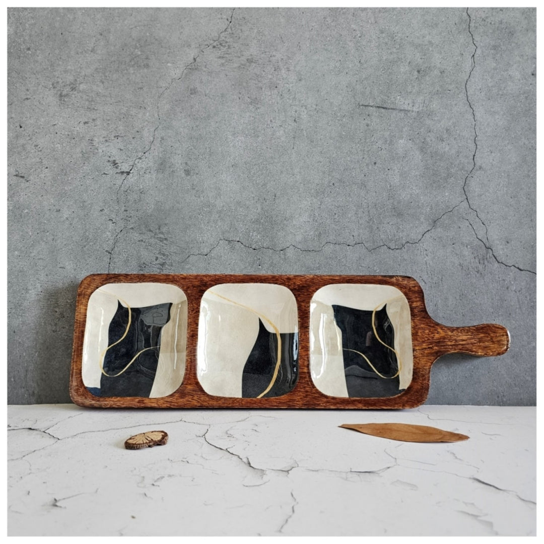 Wabi Sabi Platter | 3 Part Paddle Bat Shape Serving Platter | 16.5 X 5 Inches