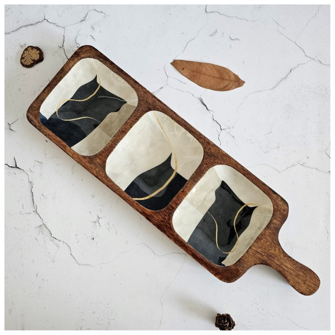 Wabi Sabi Platter | 3 Part Paddle Bat Shape Serving Platter | 16.5 X 5 Inches