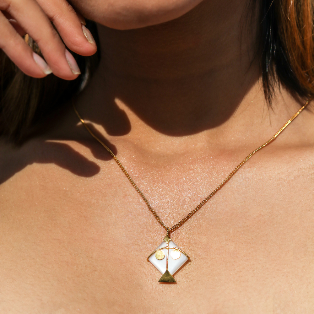 White Pendant | Kite with Two Dots | 925 Silver | Gold Plated | Gem Moonstone | Hand-Crafted