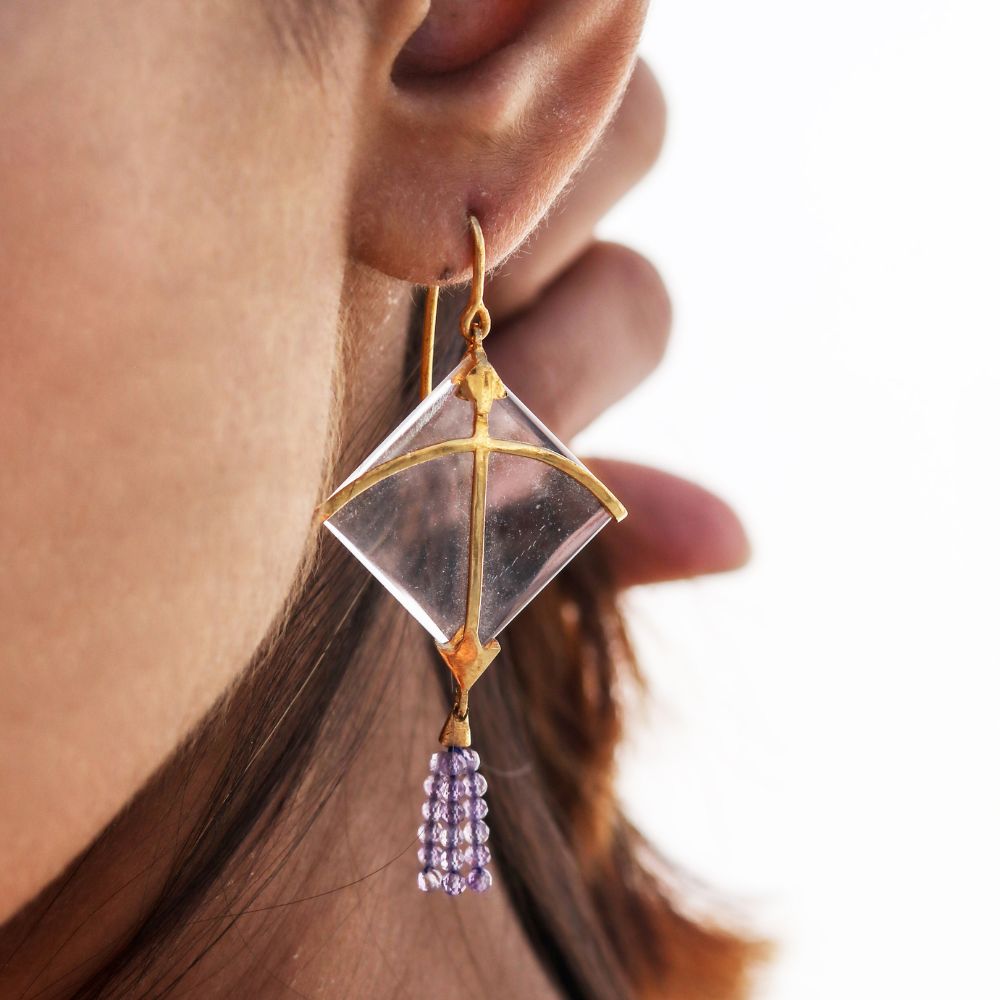 Kite Earring with Amethyst Onyx Tassel | Hand Cut | Made of 925 Silver And Natural Crystal