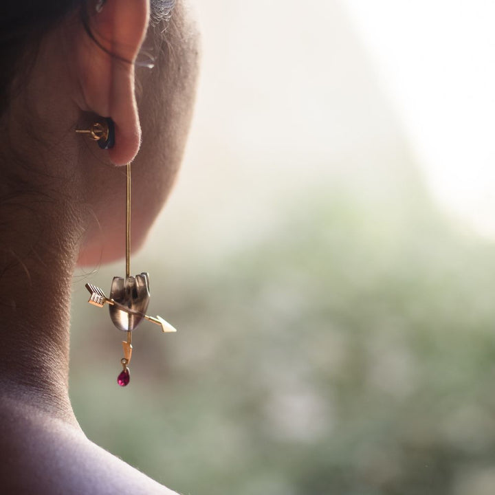 Brown Earrings | Cupid Designed | Garnet And Smoky Quartz Gemstone | Gold Plated Silver