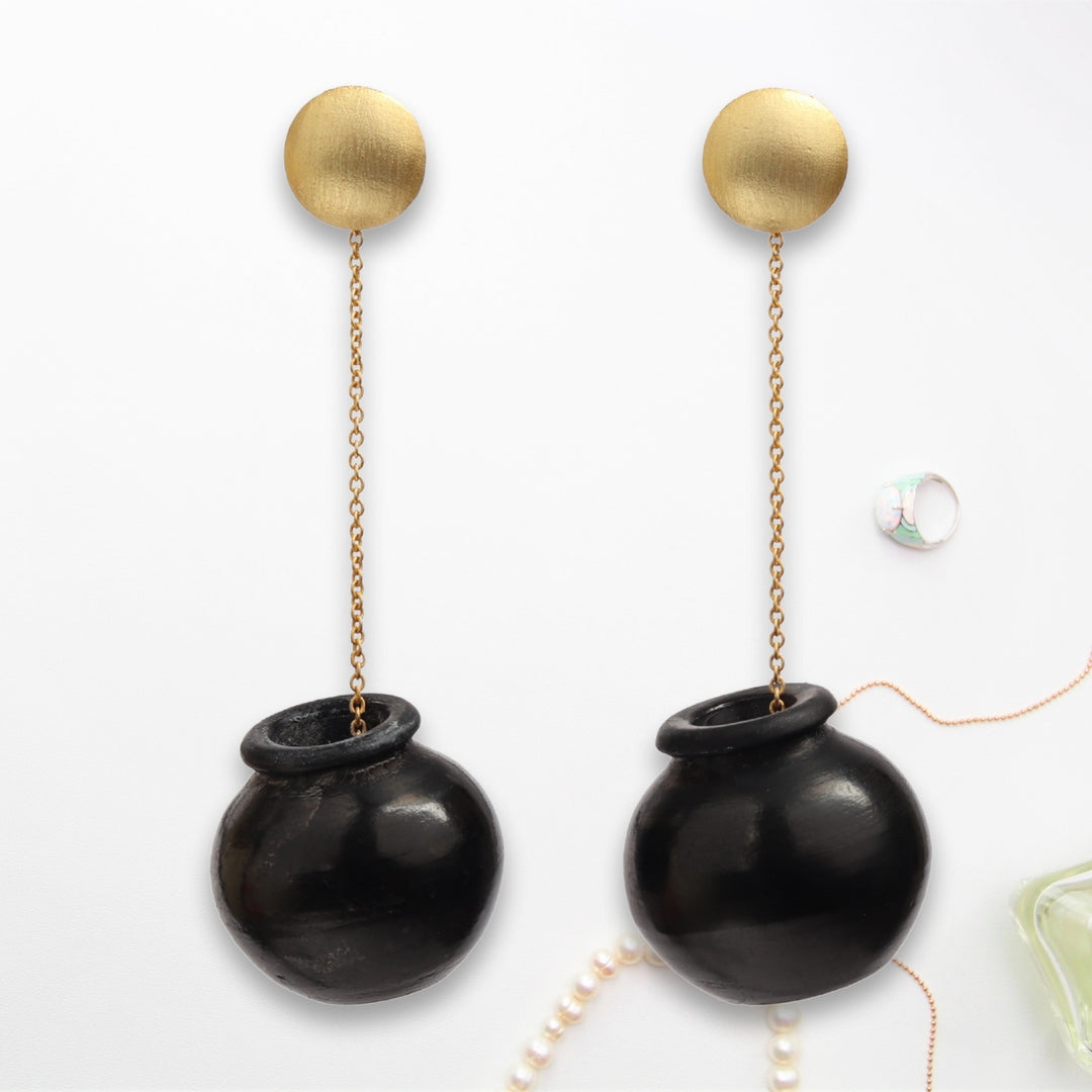 Black And Gold Earring | Crafted With Black Pottery | Simple And Elegant Jewelry