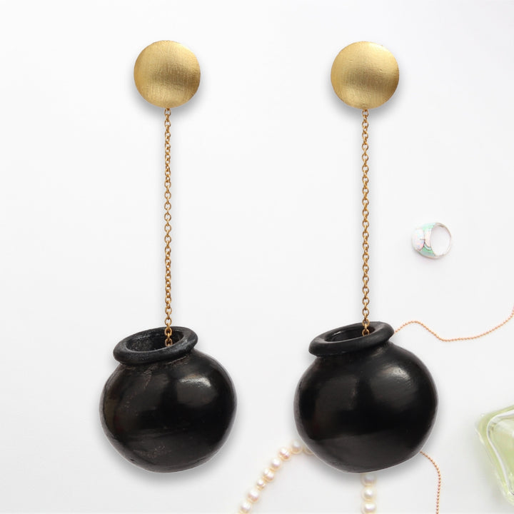 Black And Gold Earring | Crafted With Black Pottery | Simple And Elegant Jewelry