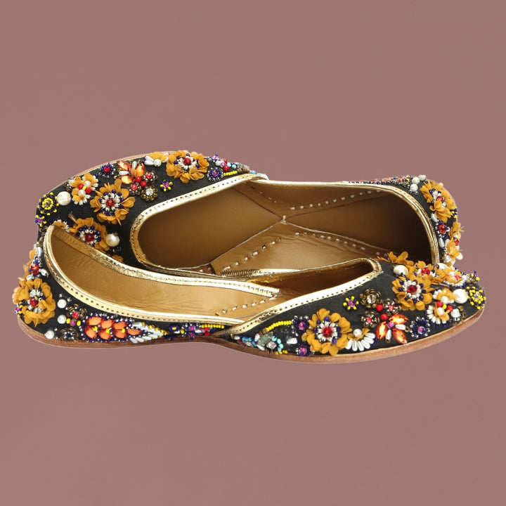 Black Floral Flat Jutti | Intricately Designed | Wedding & Festivities