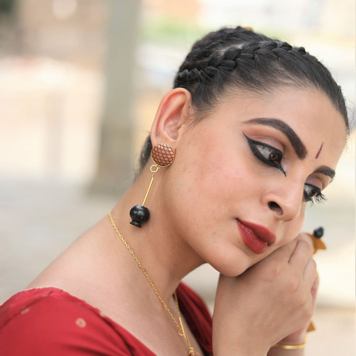 Black Pottery Crafted Earring | Bharatnatyam Inspired | Ethnic | 22Kt Gold Plated