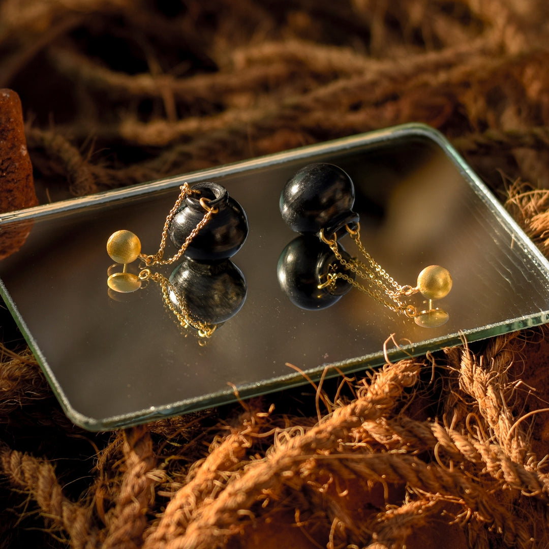 Black Pottery Earring | Hand Crafted | 22kt Gold Plated | Concept Jewelry | Artistic