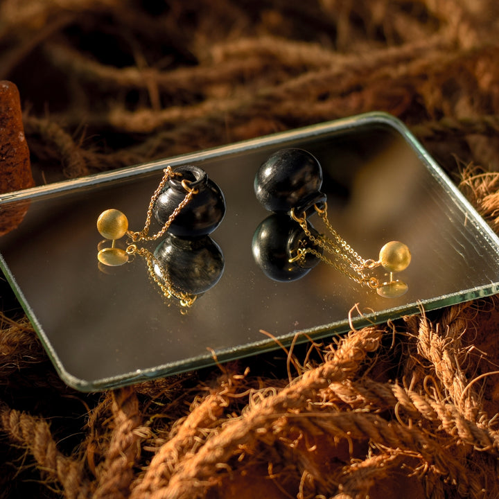 Black Pottery Earring | Hand Crafted | 22kt Gold Plated | Concept Jewelry | Artistic