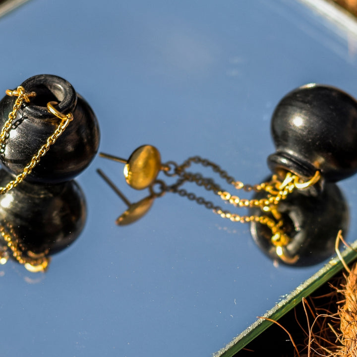 Black Pottery Earring | Hand Crafted | 22kt Gold Plated | Concept Jewelry | Artistic