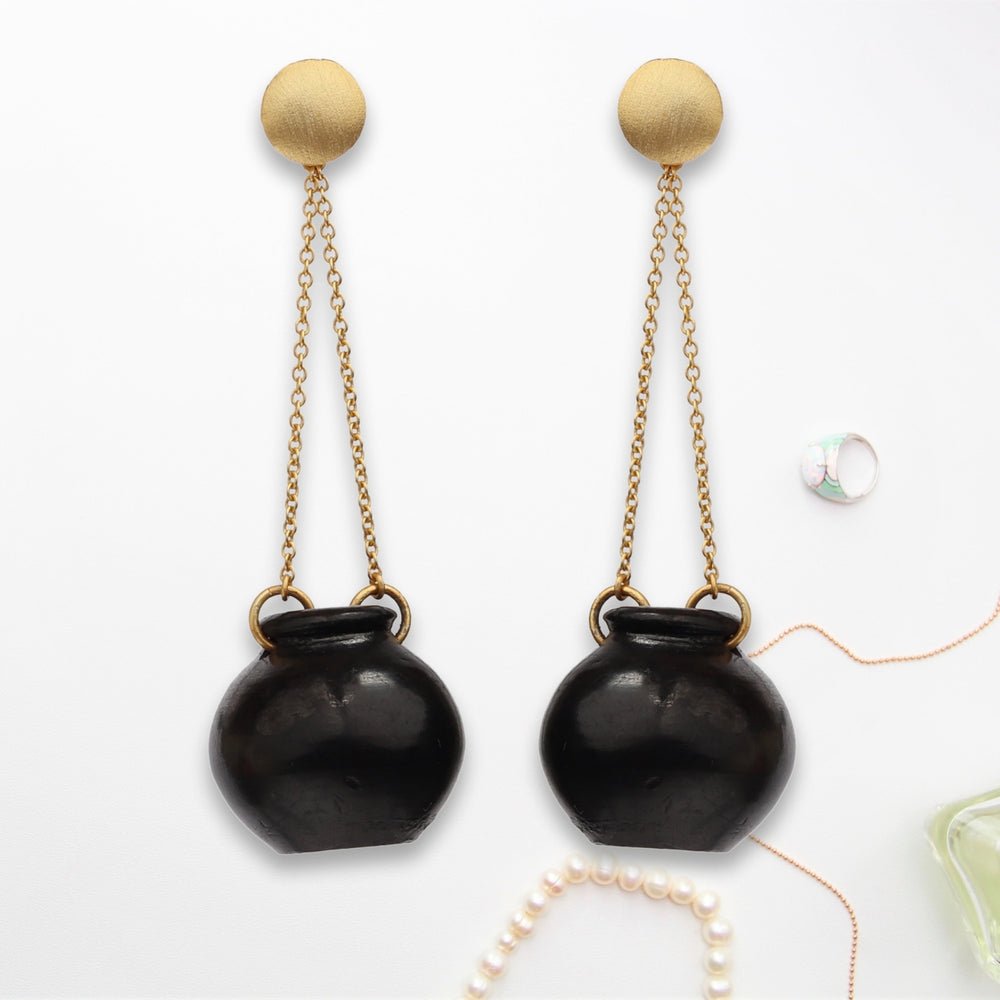 Black Pottery Earring | Hand Crafted | 22kt Gold Plated | Concept Jewelry | Artistic