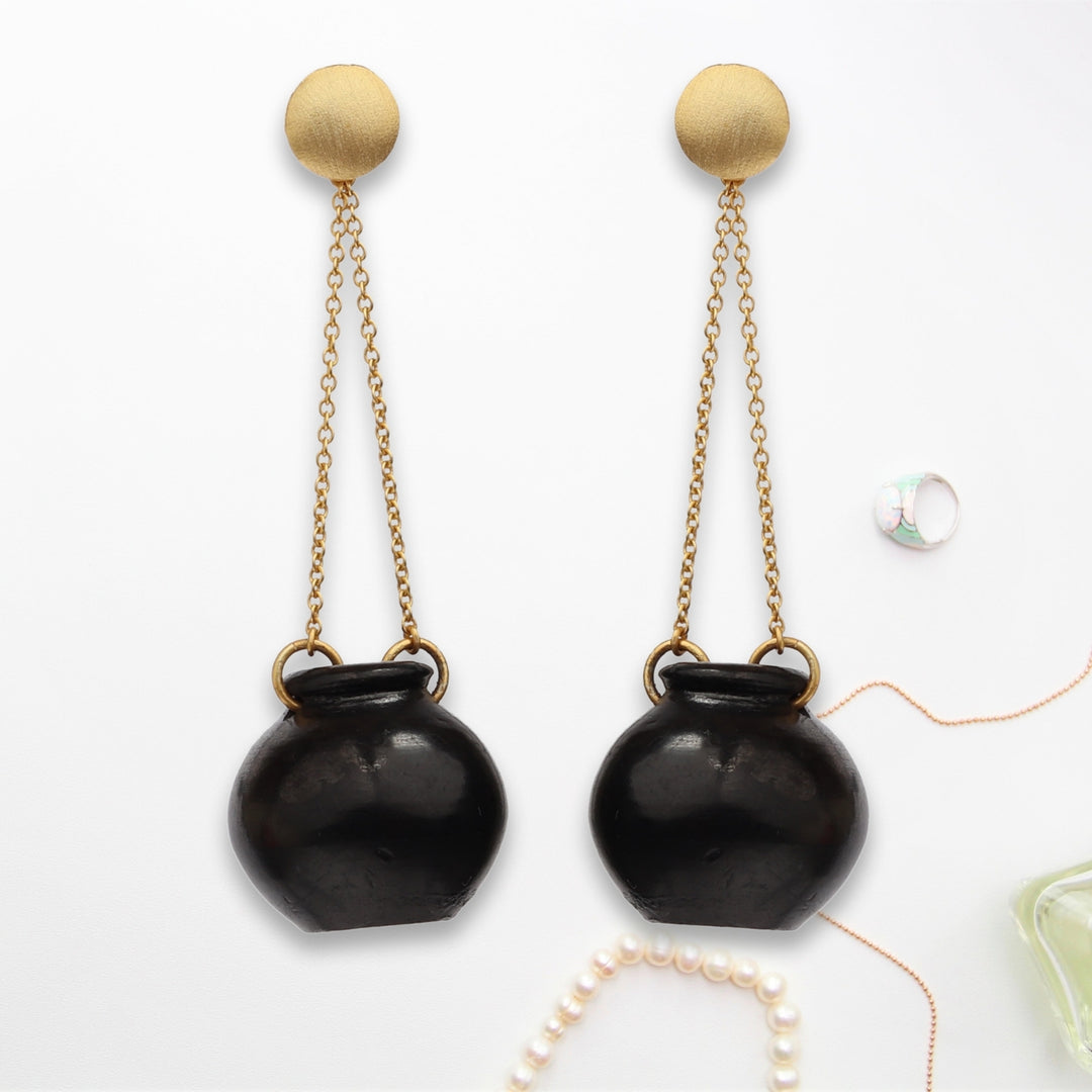 Black Pottery Earring | Hand Crafted | 22kt Gold Plated | Concept Jewelry | Artistic