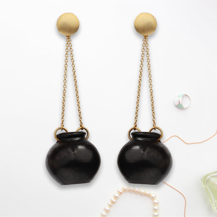 Black Pottery Earring | Hand Crafted | 22kt Gold Plated | Concept Jewelry | Artistic
