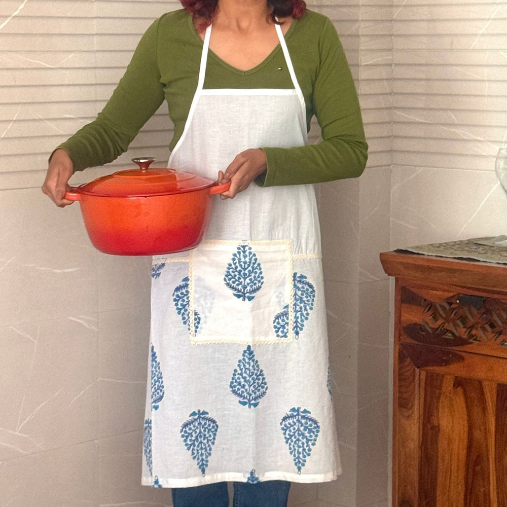 Blue Leaf Sanganeri Hand Block-Print Apron with Front Pocket | Cotton