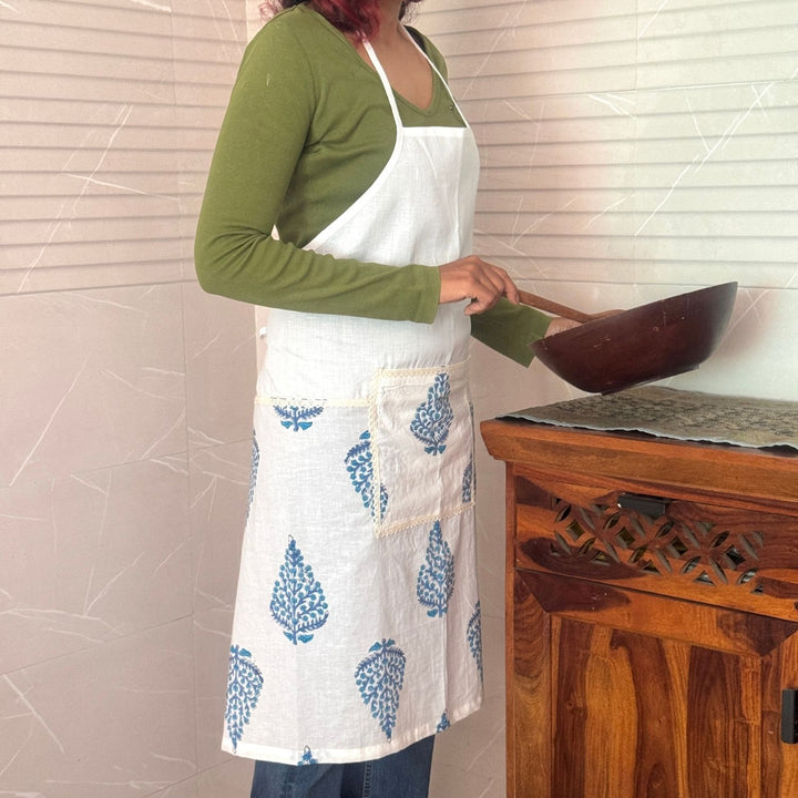 Blue Leaf Sanganeri Hand Block-Print Apron with Front Pocket | Cotton